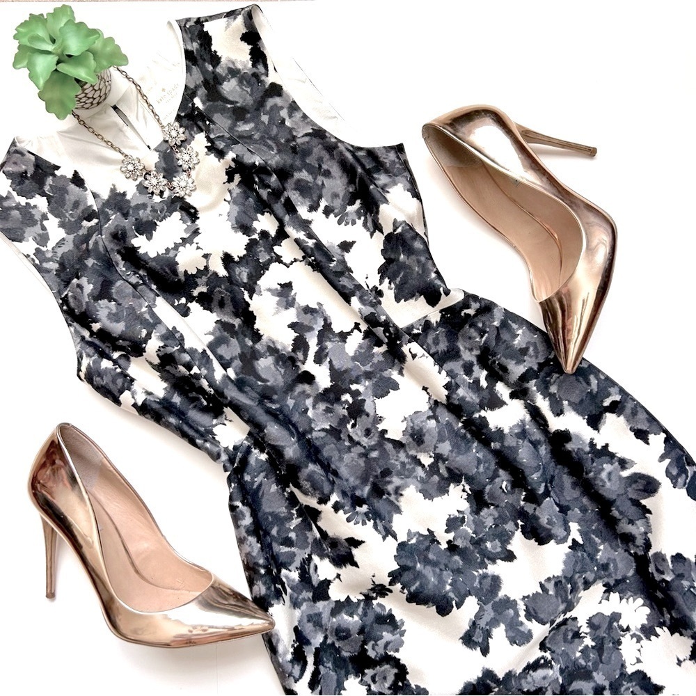 Kate Spade Leena Black White Gray Floral Dress Silk Sleeveless Sheath Size 4